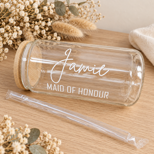 Personalised Bridal Party Glass Can with Lid & Straw