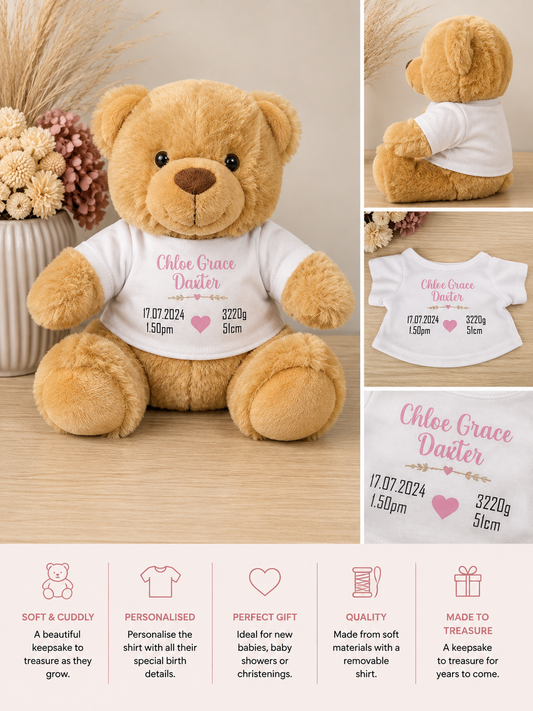 Personalised Birth Details Teddy Bear with Shirt