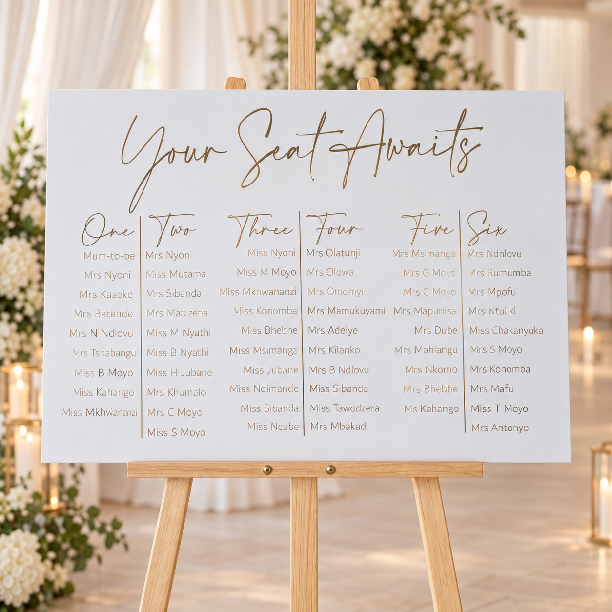 Elegant Six Table Seating Chart