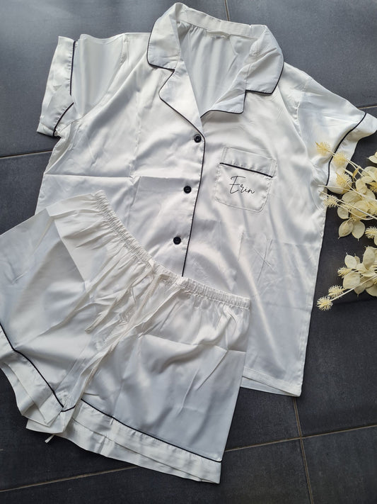 Ladies Satin Short Set PJ's - White