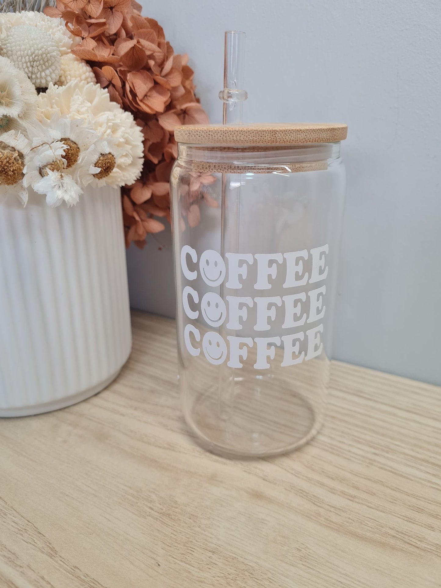 Coffee Coffee Coffee Glass Can with Lid and Straw