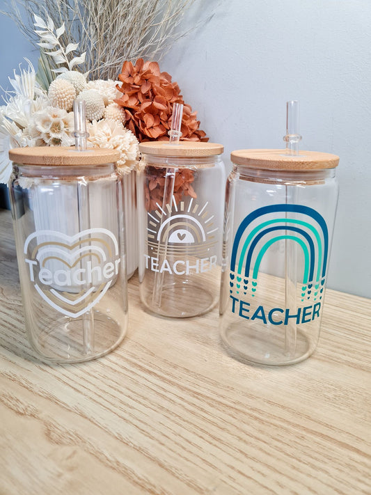 Teacher Rainbow Sun Glass Can with Lid and Straw