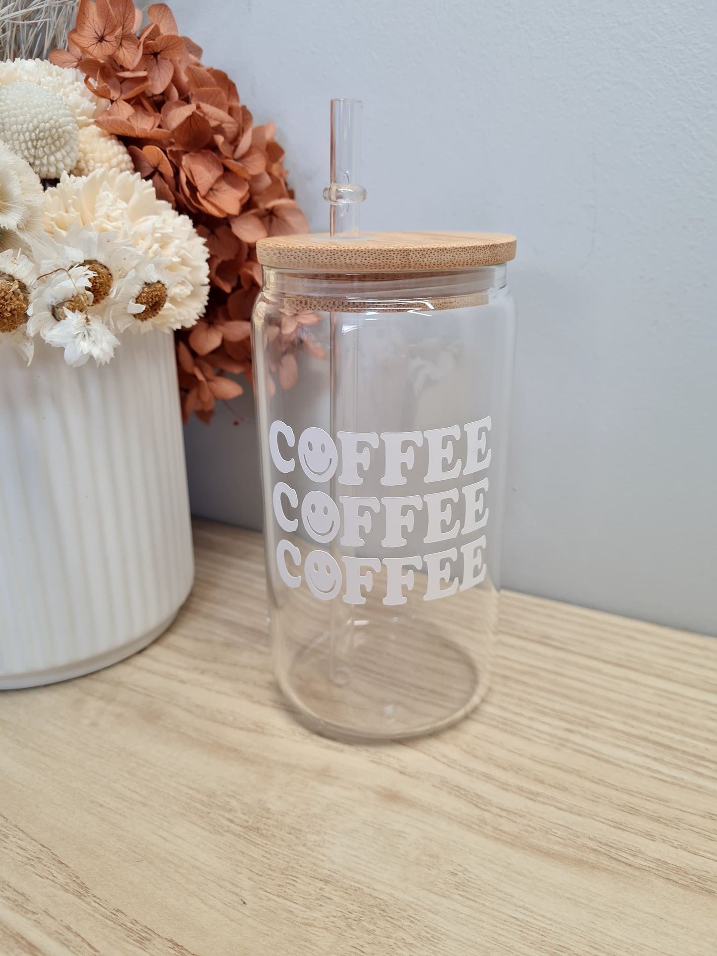 Coffee Coffee Coffee Glass Can with Lid and Straw
