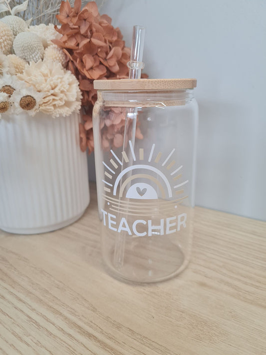 Teacher Rainbow Sun Glass Can with Lid and Straw