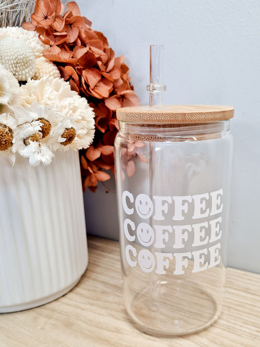 Coffee Coffee Coffee Glass Can with Lid and Straw
