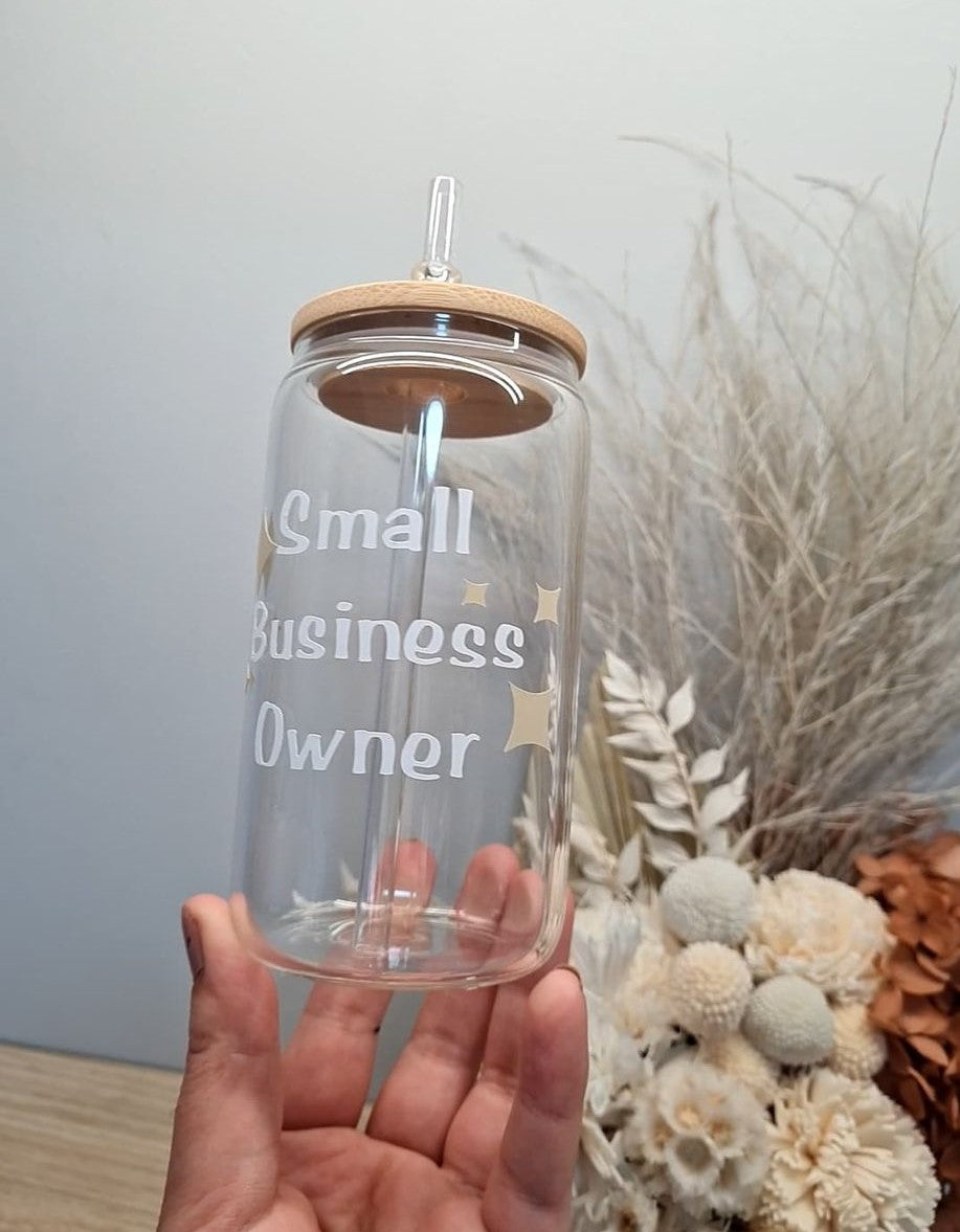Small Business Owner Glass Can with Lid and Straw