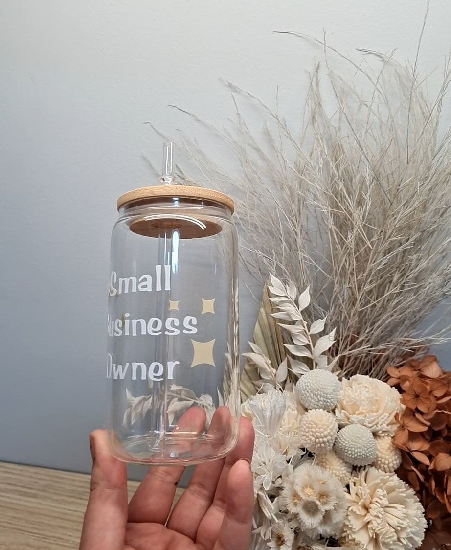 Small Business Owner Glass Can with Lid and Straw