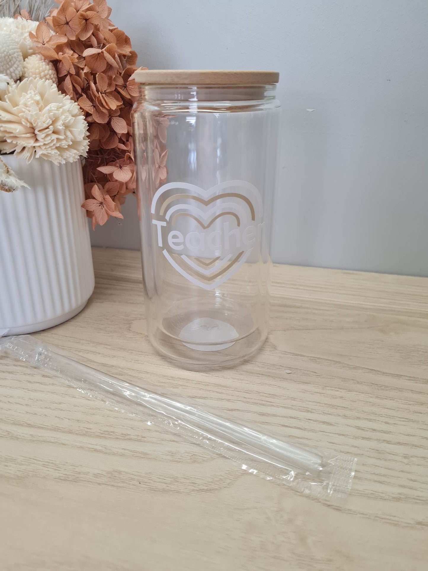 Teacher Heart Glass Can with Lid and Straw