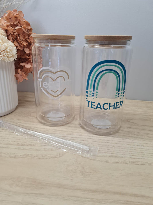 Teacher Rainbow Glass Can with Lid and Straw