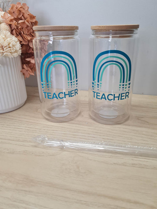 Teacher Rainbow Glass Can with Lid and Straw