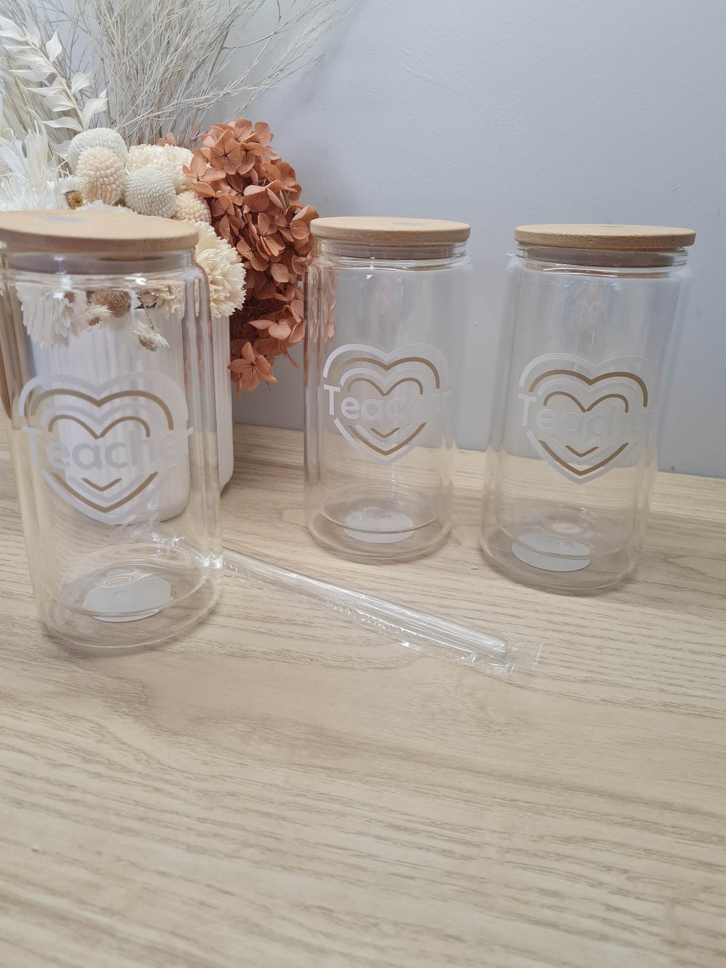 Teacher Heart Glass Can with Lid and Straw
