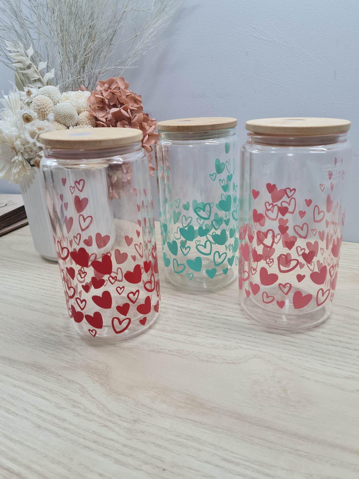 Heart Design Glass Can with Lid and Straw v1