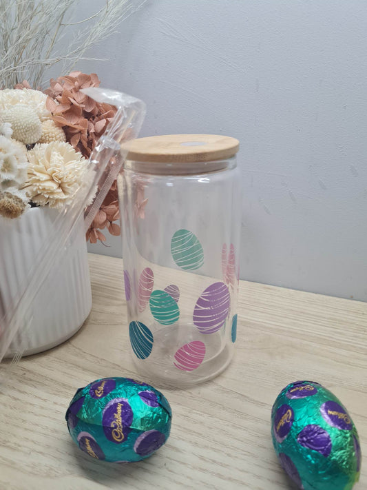 Easter Egg Glass Can with Lid and Straw