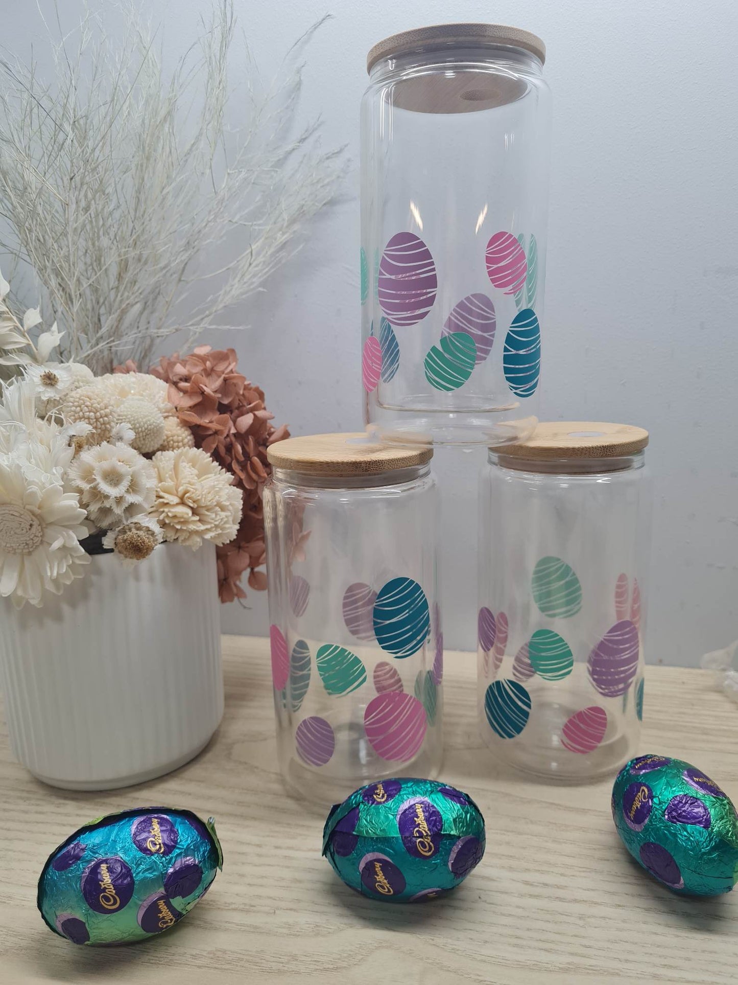 Easter Egg Glass Can with Lid and Straw